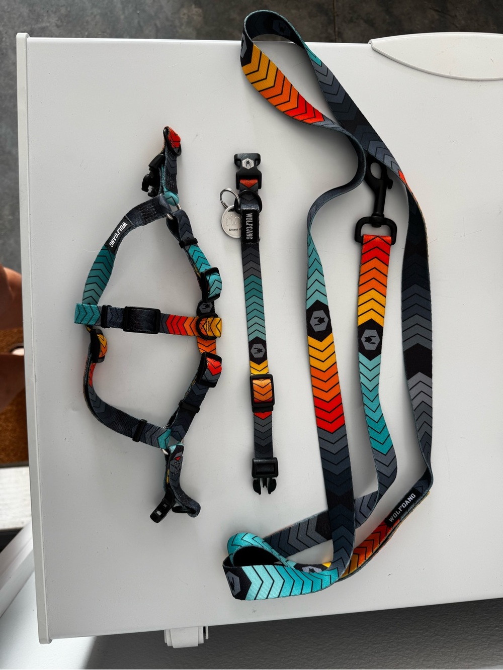 EUC Wolfgang Multicolor Chevron Harness, Collar & Leash Set Small